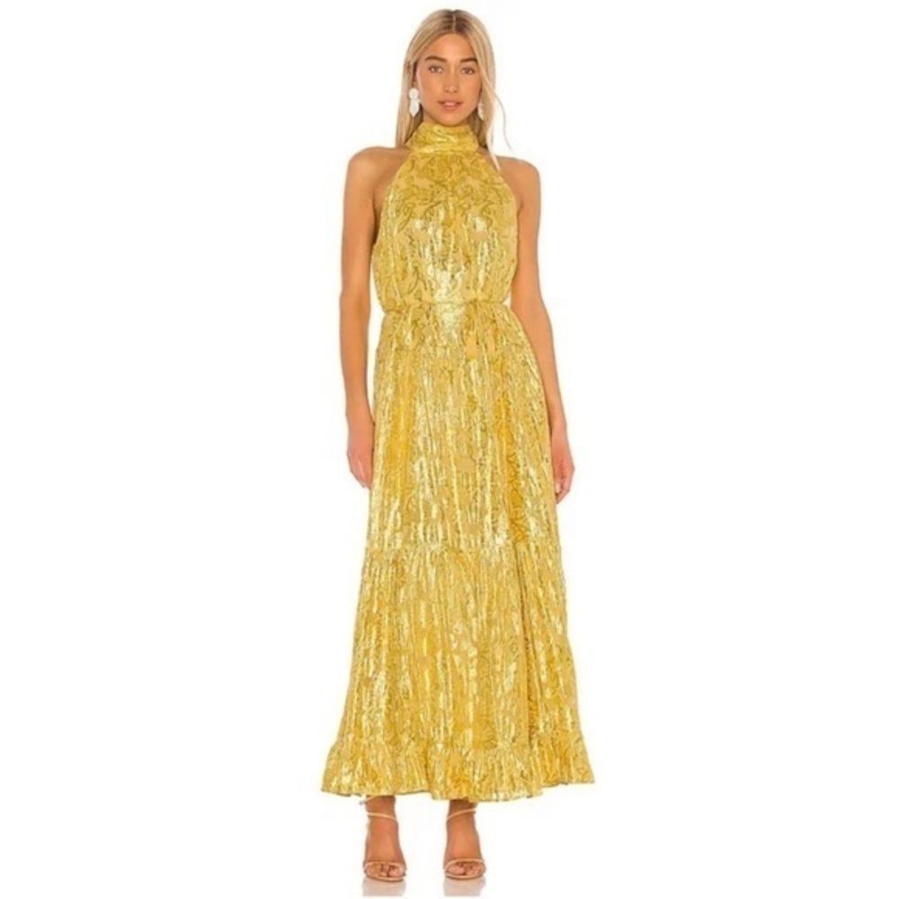 NWT Saylor Alexi Halter tie neck Gold Shiny Gown dress Medium